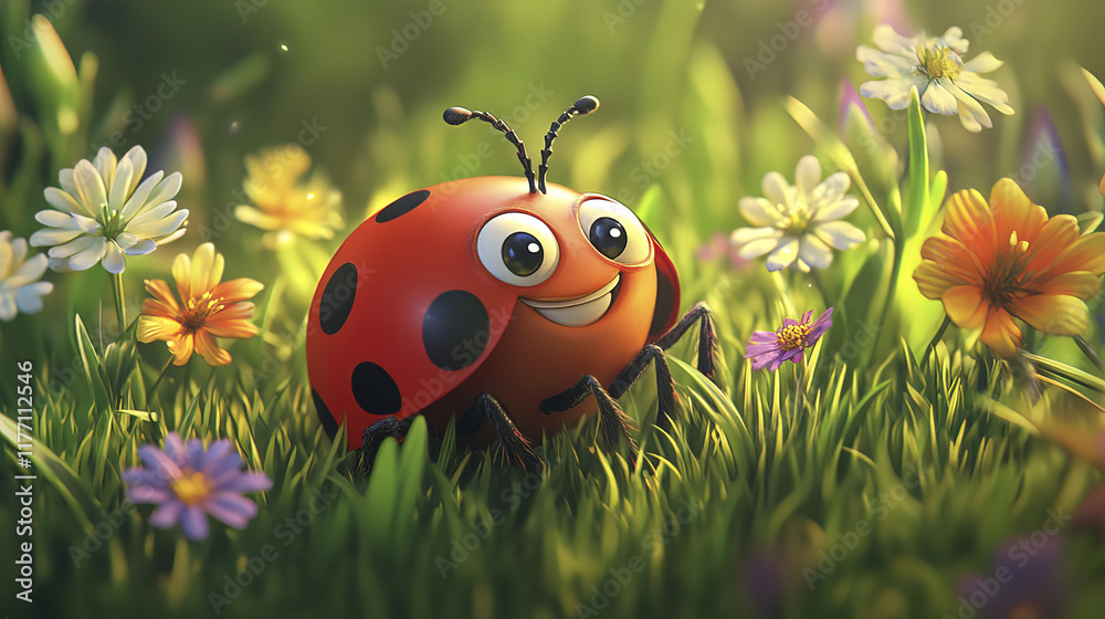 cheerful animated ladybug with rounded body and bright colors sits happily among vibrant flowers in sunlit meadow, creating joyful and lively scene cheerful animated ladybug with rounded body and bright colors sits happily among vibrant flowers in sunlit meadow, creating joyful and lively scene