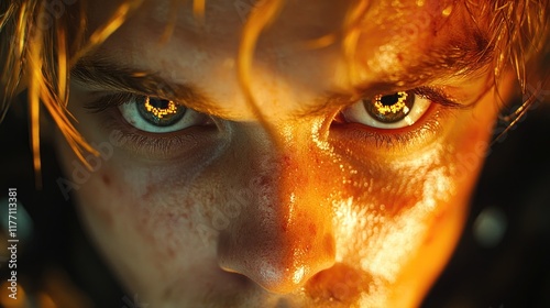 Fiery-eyed man, close-up, intense gaze, dark background, fantasy film