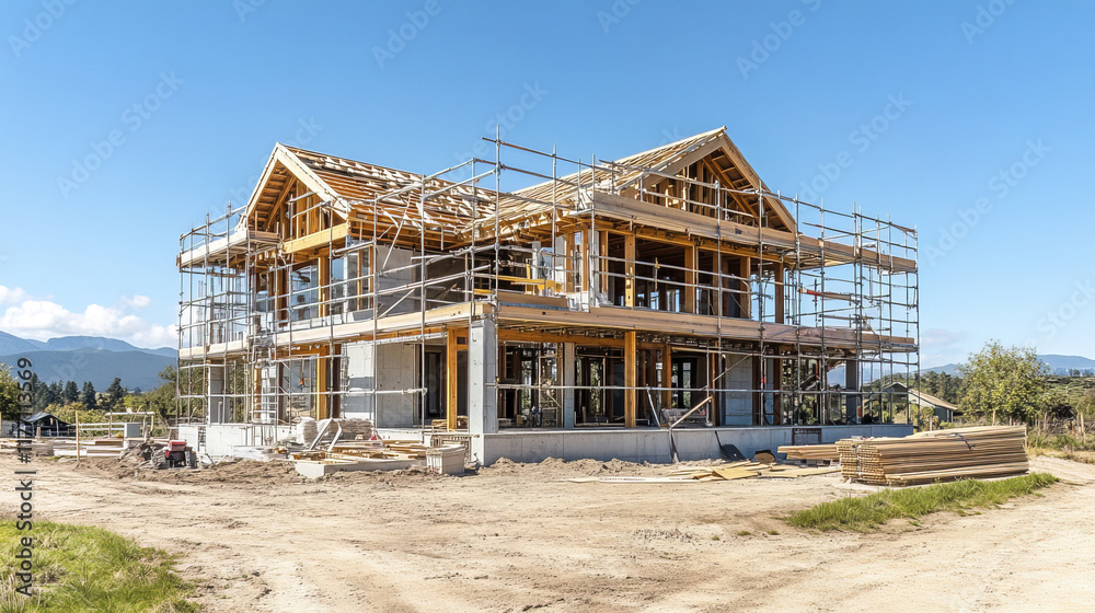 modern two story house construction with scaffolding, set against clear blue sky and surrounded by dirt landscape. wooden framework is visible, showcasing architectural design.construction site modern two story house construction with scaffolding, set against clear blue sky and surrounded by dirt landscape. wooden framework is visible, showcasing architectural design.construction site