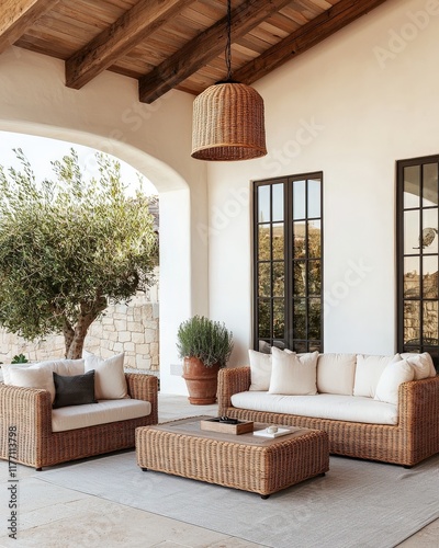 An elegant outdoor patio with rattan furniture, a coffee table, and a hanging light fixture