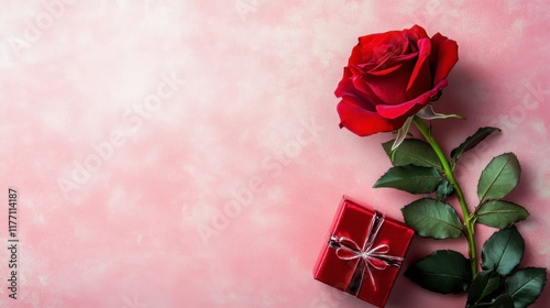 romantic concept with red rose and gift box on soft pink background, evoking feelings of love and affection. Perfect for Valentine Day or special occasions