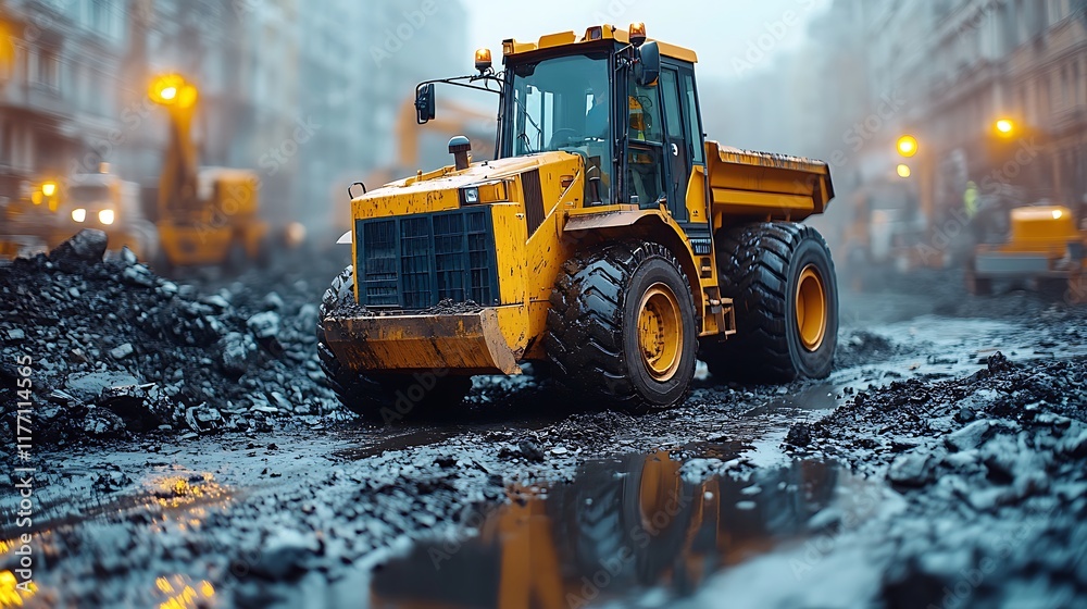 Yellow excavator working under rainy conditions at an urban construction zone images