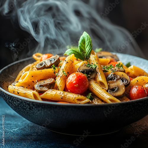 hot arrabiata penne pasta with italian seasoning topped with cherry tomatoes and mushrooms in a bowl, smoke from hot pasta. Make the background cleam and shophisticated with vibrant enegratic feel. T photo