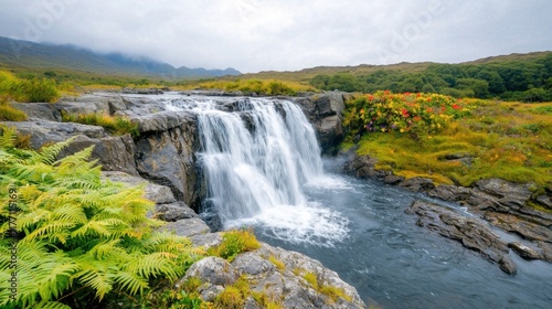 The cascading waterfall tumbles down the rugged rocks, surrounded by lush green ferns and vibrant tropical flowers, creating a breathtaking scene of natural beauty and serenity.