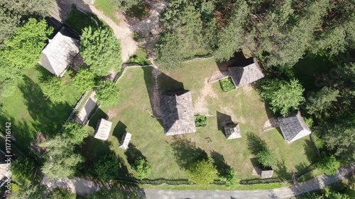 Birdseye Aerial of Village, Sirogojno. Green Nature on a Hot Summer Day photo