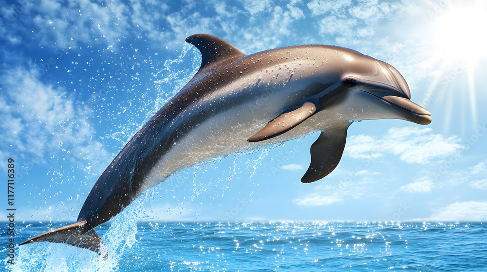 Fototapeta premium dolphin leaping gracefully above ocean waves under bright sun