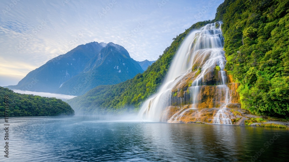 Fototapeta premium The waterfall in Milford Sound New Zealand is a stunning natural display of water cascading down a sheer cliff face, surrounded by lush greenery and mist creating a magical and serene atmosphere.