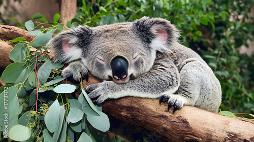 koala dozing peacefully on tree limb, surrounded by eucalyptus leaves photo