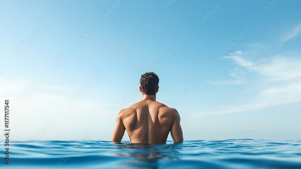 A Striking Perspective of an Athletic Man Embracing the Calmness of the Ocean Under a Radiant Blue Sky A Striking Perspective of an Athletic Man Embracing the Calmness of the Ocean Under a Radiant Blue Sky