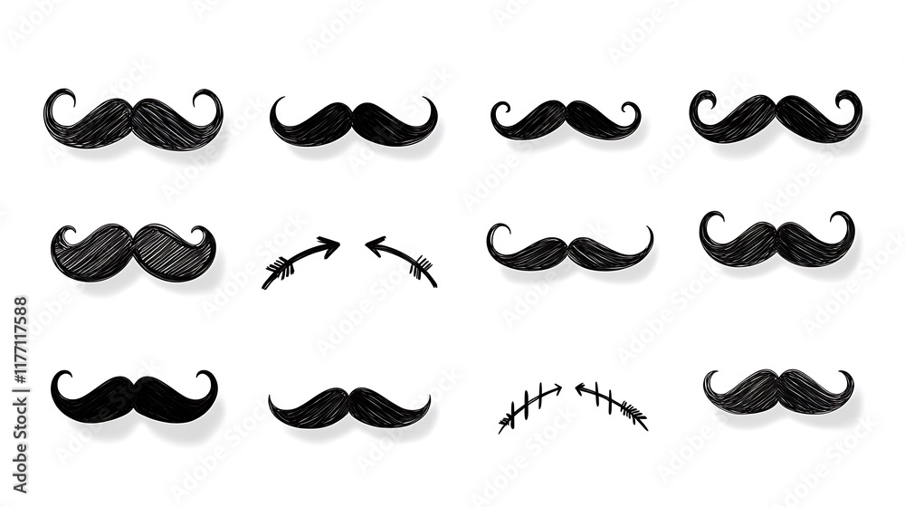 Hand-drawn mustache styles, white background, design elements. Hand-drawn mustache styles, white background, design elements.