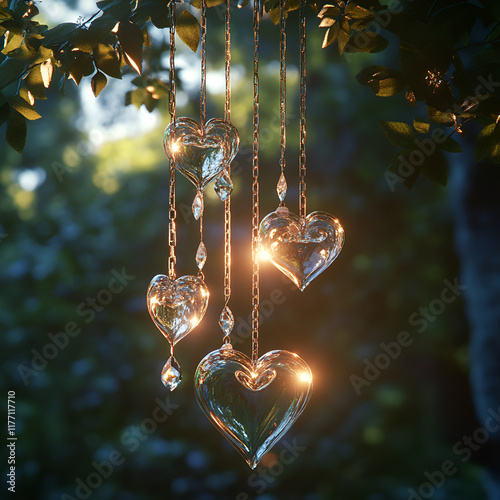 A romantic wind chime with delicate heart and crystal accents, glowing in sunlight, fairycore, magical, super detailed+ hyper realistic

