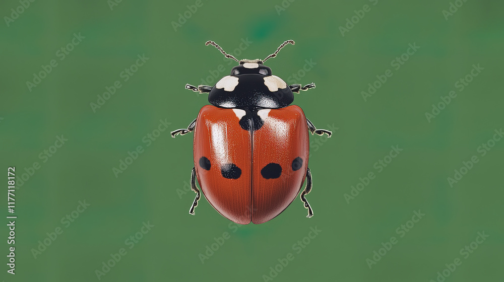 Obraz premium shiny red ladybug with black spots and white markings stands out against green background, showcasing its vibrant colors and intricate details