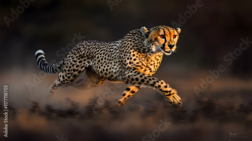 cheetah running swiftly at dawn, showcasing its agility and grace in soft light photo