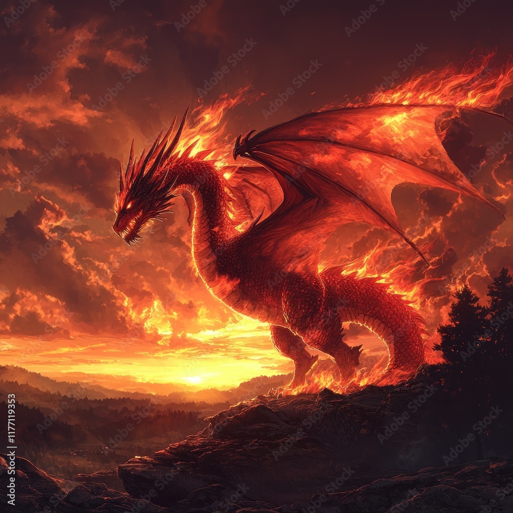 Fiery dragon perched on mountain cliff at sunset, overlooking burning landscape Fiery dragon perched on mountain cliff at sunset, overlooking burning landscape