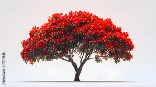  photograph of a flamboyant tree in full bloom, with its vibrant red flowers, tree in autumn, tree with red leaves