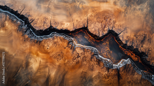 A close up of a wooden coffee table with a resin filled crack running through the center, capturing the interplay of textures and colors. photo