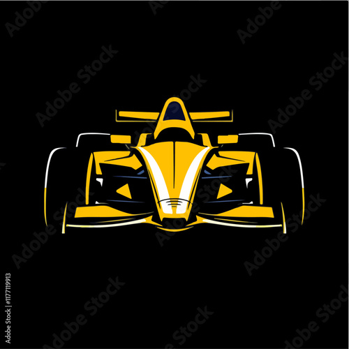 Yellow Formula Race Car:  A stylized vector graphic of a yellow Formula 1 race car against a black background. The design is sleek and modern, emphasizing speed and power. 