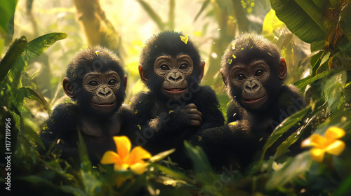 Africa- Democratic Republic of Congo- Young mountain gorillas playing in jungle photo