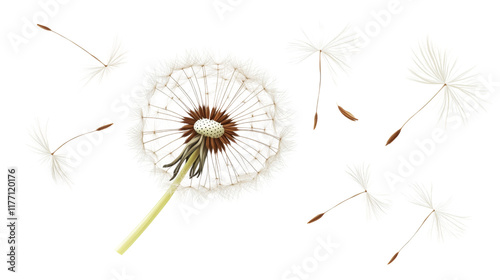 Dandelion seeds flying away in the wind, isolated on transparent background