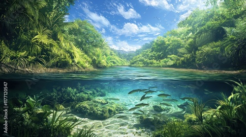 Tranquil Underwater Paradise: A Serene River Scene in Lush Tropical Forest