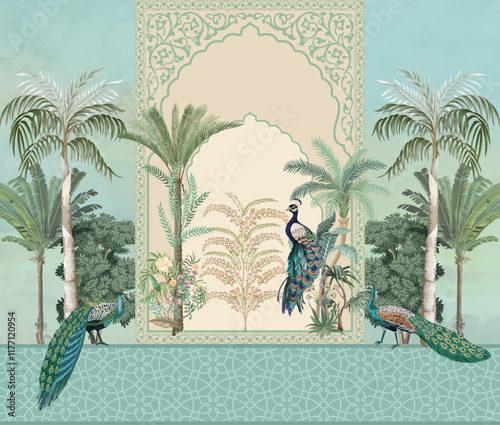 Mughal decorative garden with peacock frame for wedding invitation vector.