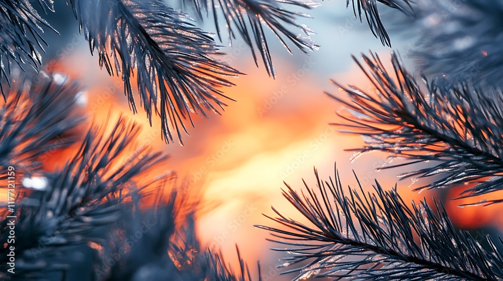 Snow covered pine needles framed by an exquisite sunset Snow covered pine needles framed by an exquisite sunset