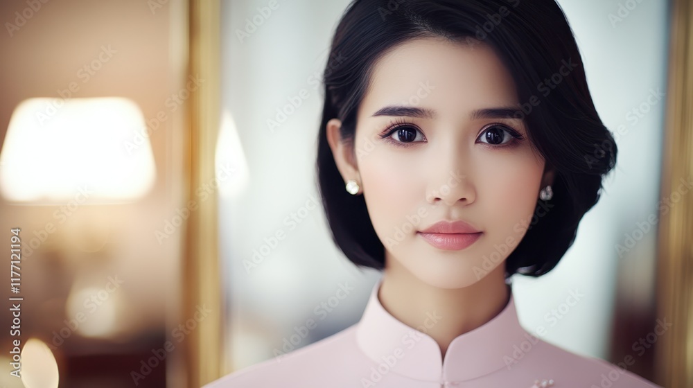Elegant Asian Woman Portrait: A captivating portrait of a young Asian woman with a soft, serene expression and a sophisticated, timeless beauty. Her sharp, piercing gaze draws you in. Elegant Asian Woman Portrait: A captivating portrait of a young Asian woman with a soft, serene expression and a sophisticated, timeless beauty. Her sharp, piercing gaze draws you in.