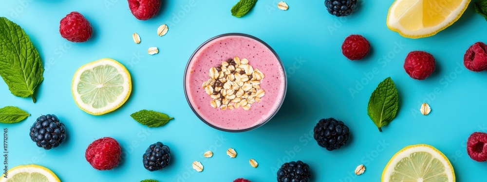 Fresh and Healthy Berry Smoothie Surrounded by Vibrant Fruits Including Raspberries, Blackberries, Lemon Slices, and Mint on a Bright Blue Background Fresh and Healthy Berry Smoothie Surrounded by Vibrant Fruits Including Raspberries, Blackberries, Lemon Slices, and Mint on a Bright Blue Background