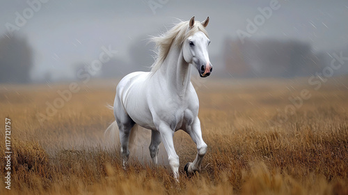 Majestic White Horse Running in a Rain-Soaked Field: A Breathtaking Display of Nature's Beauty and Power