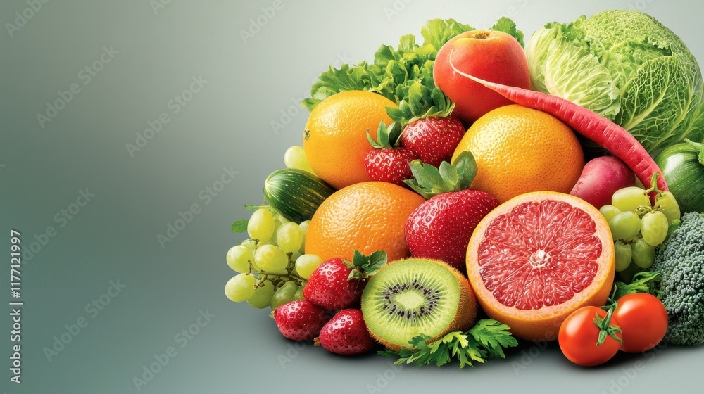 A colorful illustration of a variety of fruits and vegetables arranged in a circular shape on a gray background, symbolizing the importance of incorporating fresh A colorful illustration of a variety of fruits and vegetables arranged in a circular shape on a gray background, symbolizing the importance of incorporating fresh