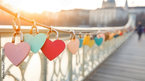 Forever Love Locks: A picturesque view of a bridge adorned with colorful heart-shaped padlocks, symbolizing eternal love and commitment. This enchanting image evokes feelings of romance, hope.