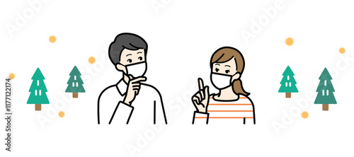 Clip art of man and woman wearing masks thinking about hay fever.
