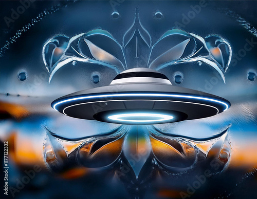 Alien themed images. Alien, ufo, flying disk, flying eye, robot, spaceship, technology. With artificial intelligence software. photo