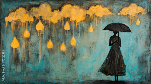 Woman silhouette under umbrella, golden rain from clouds, teal background.