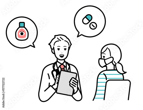Illustration of a woman consulting a doctor for hay fever.
