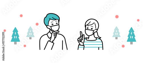 Clip art of man and woman wearing masks thinking about hay fever.
