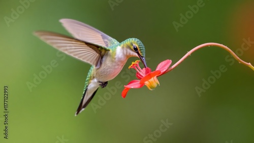 Hummingbird in flight feeding from a red flower photo