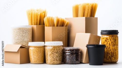 A group of boxed food items, like pasta, rice, and instant noodles, isolated on a white background.