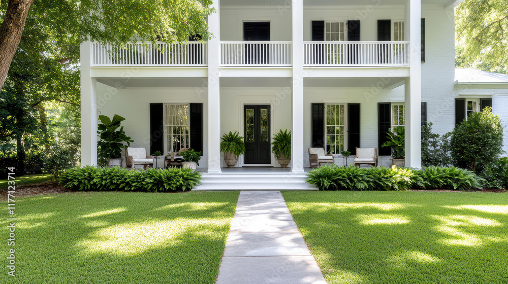 Naklejka premium beautiful historic plantation home with lush greenery and inviting porch