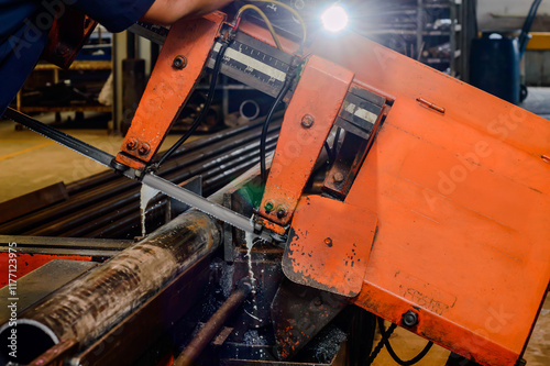 Wallpaper Mural orange colored industrial cutting machine in working processed doing cutting a steel pipe in factory Torontodigital.ca