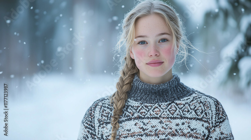 A serene portrait of a Scandinavian woman wearing a traditional Nordic wool sweater with intricate patterns. Her golden hair is loosely braided, and her expression is calm, set aga