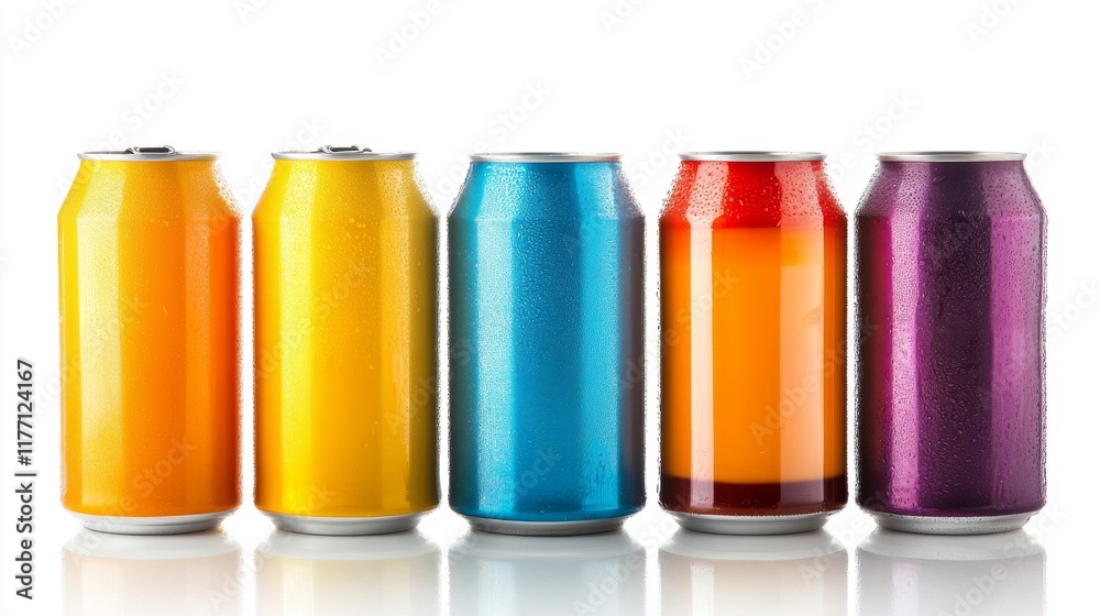 A group of canned beverages, including soft drinks and energy drinks, isolated on a bright white background. A group of canned beverages, including soft drinks and energy drinks, isolated on a bright white background.