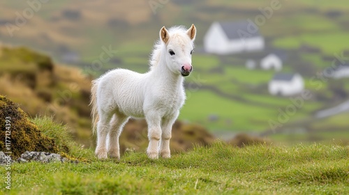 Fluffy Shetland foal, small and delicate, standing on a green grassy meadow with dry patches around. In the background, a peaceful farm completes the rural setting.