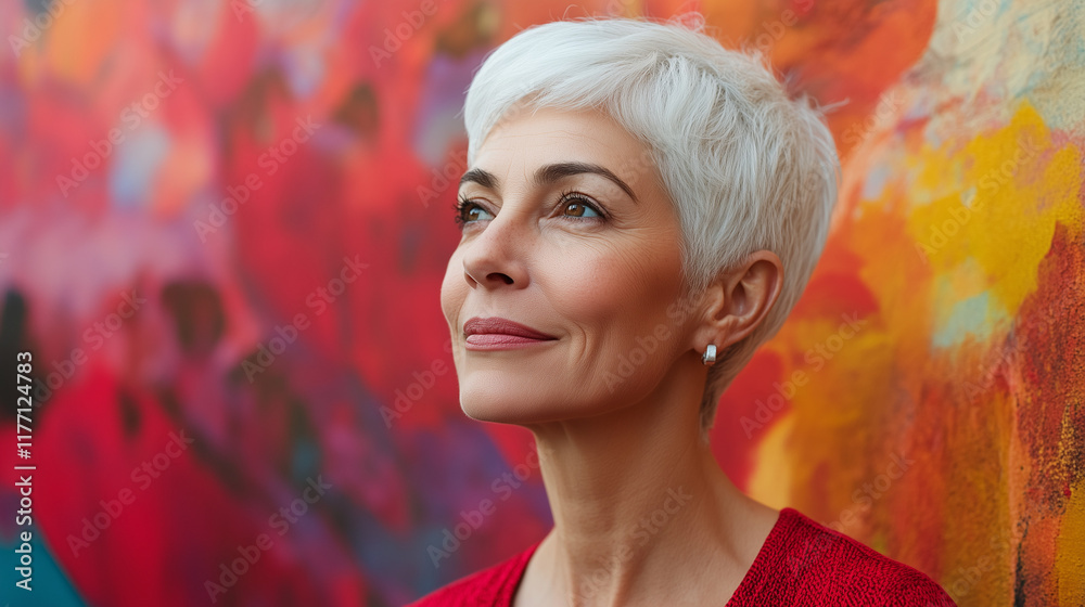 Naklejka premium Dojrzała kobieta o krótkich białych włosach, na tle w intensywnych odcieniach, łączy doświadczenie z nowoczesnym stylem i odwagą.