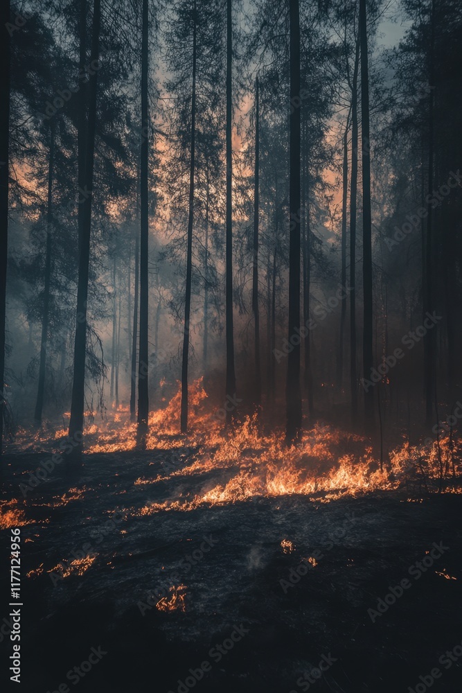 Fototapeta premium Burning forests and smoke highlight the urgent need to address deforestation and wildfires affecting global ecosystems