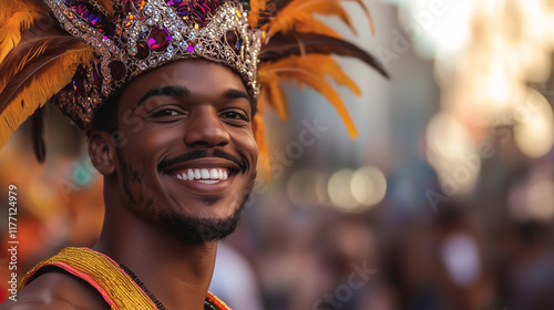 A dynamic portrait of a Brazilian man with sun-kissed skin and a vibrant carnival costume, adorned with feathers and sequins. His wide smile radiates joy, while the blurred backgro