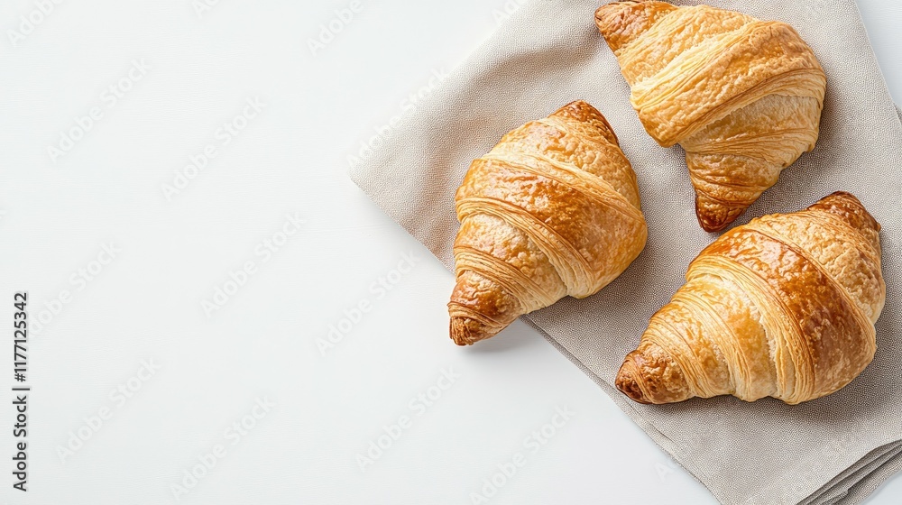 Three freshly baked croissants are artfully placed on a napkin, illuminated by warm sunlight against a bright background. Three freshly baked croissants are artfully placed on a napkin, illuminated by warm sunlight against a bright background.