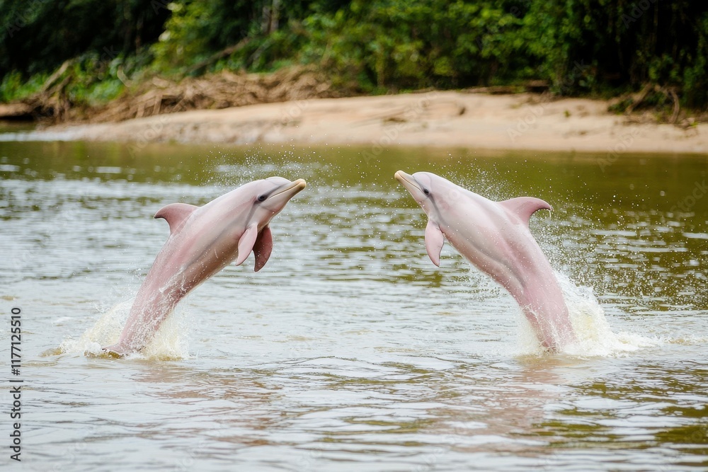 Fototapeta premium A pair of pink river dolphins breaching the surface of the Amazon River, their sleek bodies shimmering.