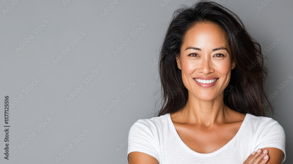 confident Asian woman smiling with long hair against gray background confident Asian woman smiling with long hair against gray background