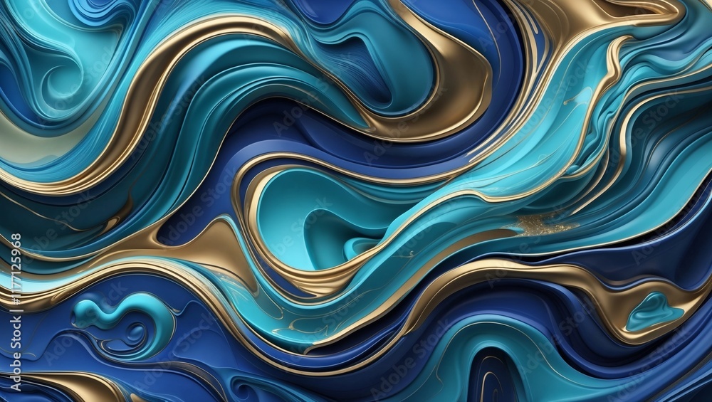 Obraz premium Swirling Abstract with Blue and Gold, Fluid Metal and Teal Abstract, Luxurious Blue and Gold Swirls, Abstract Waves with Metallic Sheen, Liquid Gold and Teal Abstract